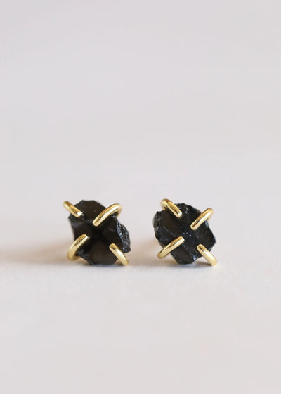 Gemstone Prong - Obsidian - Gold Earrings