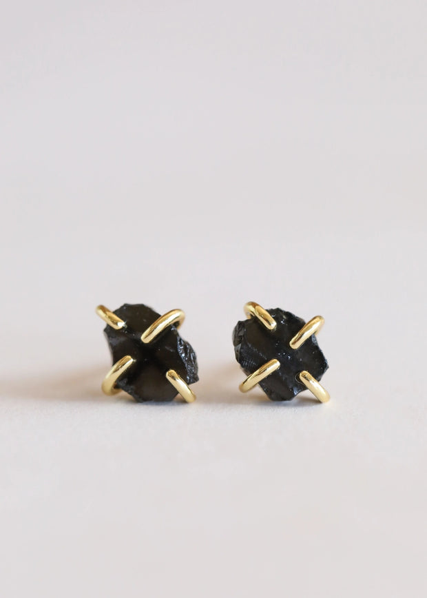 Gemstone Prong - Obsidian - Gold Earrings