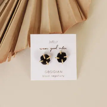 Gemstone Prong - Obsidian - Gold Earrings